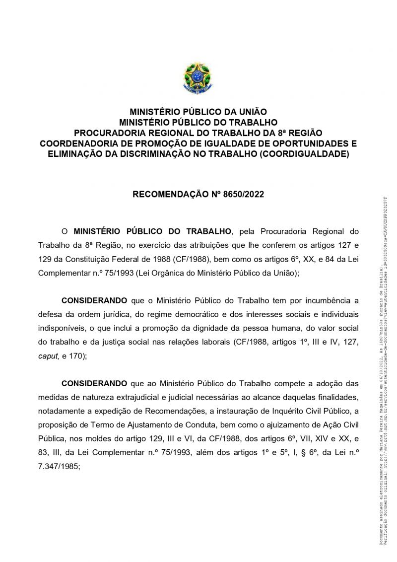 Recomendação Ministerio do Trabalho 